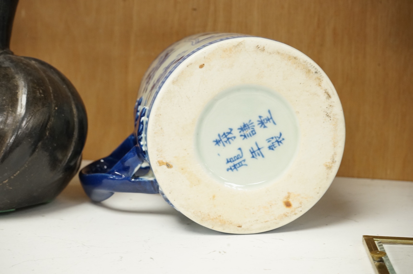 Oriental items to include a crackleglaze bowl on stand and a bamboo brush pot, together with two other vessels, largest 27cm in diameter